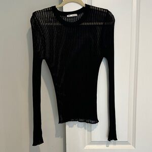 Zara Black Sheer Ribbed Long-Sleeve Crew Top